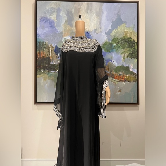 black chiffon kaftan gown with crystal embroidery ,detailed neckline - Picture 1 of 5